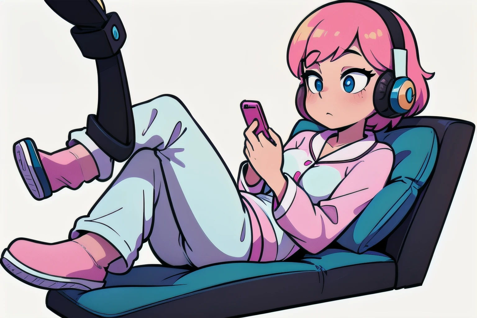 1girl, lying down, ((full body)), cell phone, headphone, light pink hair, ((white background)), pajamas, ((looking on cell phone))