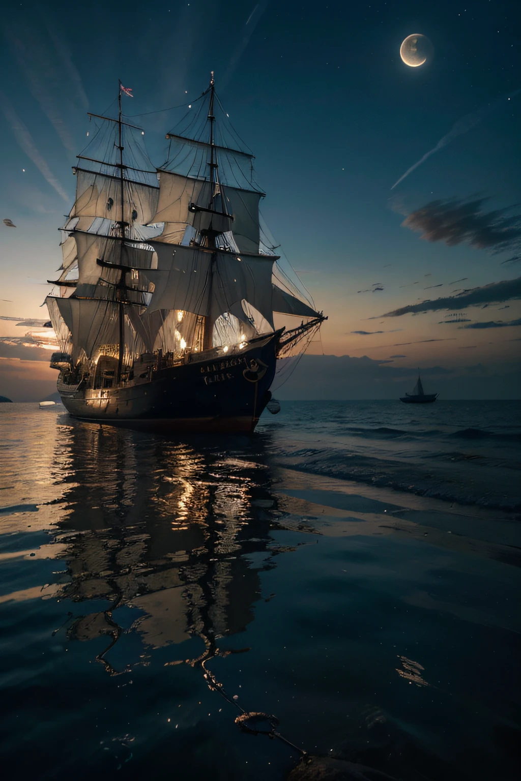 (best quality,4k,8k,highres,masterpiece:1.2),ultra-detailed,(realistic,photorealistic,photo-realistic:1.37),HDR,UHD,studio lighting,beautiful detailed eyes,beautiful detailed lips,extremely detailed eyes and face,longeyelashes,1girl,landscape,blue full moon,old sailing ship,moonlight reflection,rippling waves,dark night,sailing in the sea,peaceful atmosphere,antique ship,aged wood,weathered sails,star-studded sky,majestic view,gentle breeze,serene water,romantic scene,moonlit silhouette,calm sea surface,magical ambiance,enchanted midnight,ocean voyage,adventurous spirit,silvery light,mysterious aura,vivid colors,sparkling stars,peaceful journey,moonlit path,dreamy seascape,captivating beauty