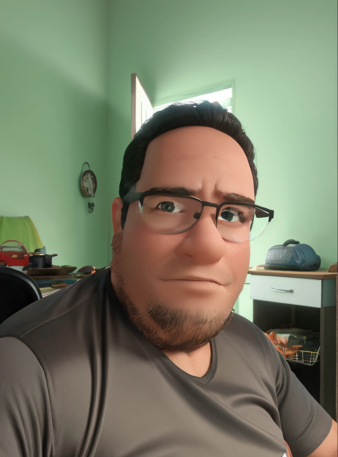 Homem moreno, sentado, usando camisa preta, olhos estilo filmes da Pixar, imagem 3d