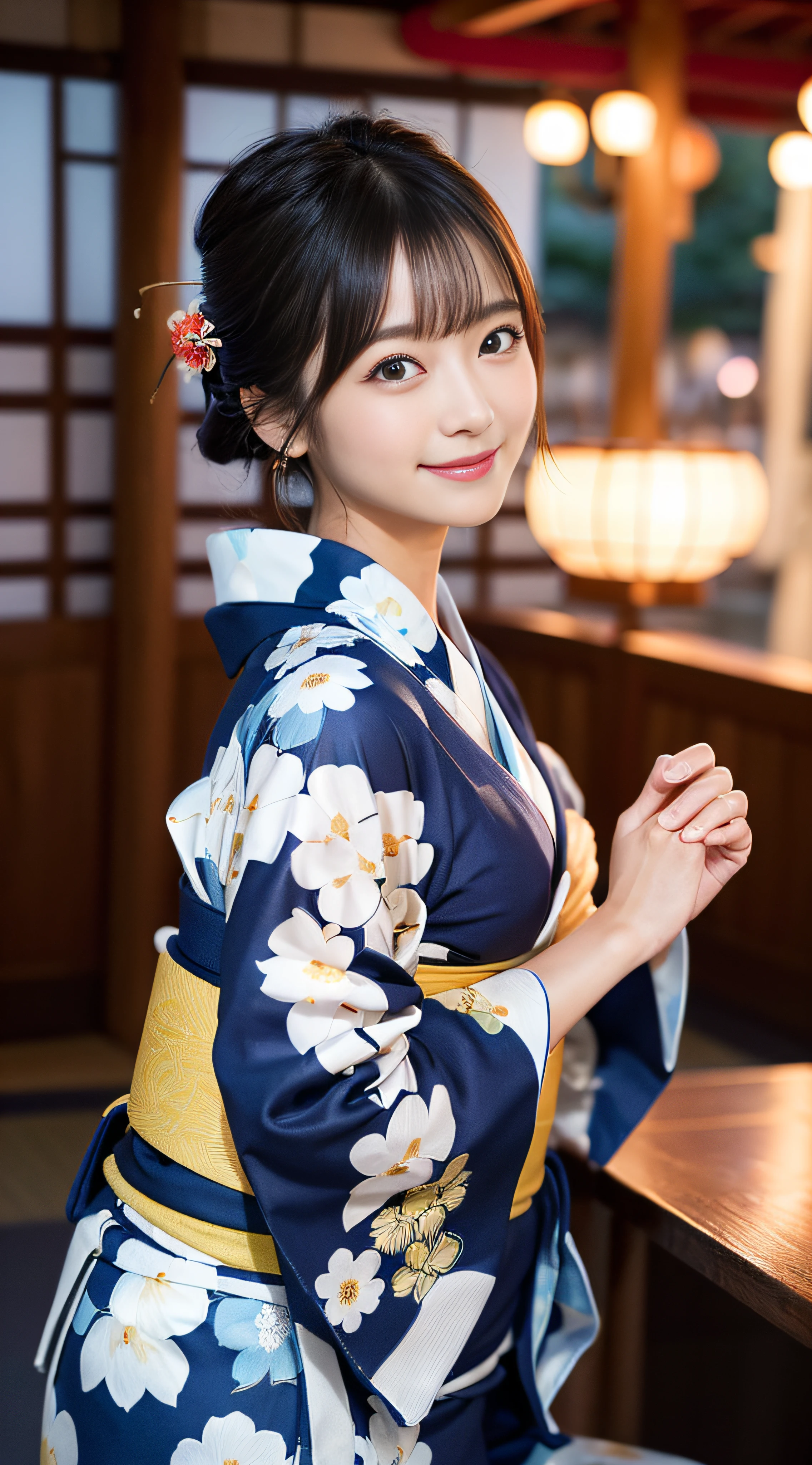 （8k、Raw photography、highest quality、masterpiece：1.2),(black haired、very short hair:1.8),(short twin tails:1.4)、show viewer,Looking at the front,erotic,white skin,(Wearing a kimono with a colorful floral pattern:1.7)、()、(Clothing that emphasizes the shape of your chest、publish one&#39;skin of:1.4)、(big breasts :1.2)、slim body shape、ultra high resolution,beautiful,beautiful fece,(alone、no background:1.9),whole bodyボディー,japanese woman,（Photoreal：1.37）、photon mapping,reality、(-face cute: 1.0)、(cute smile: 1.7)、(With a round face: 1.7)、radio city、Physically based rendering、depth of field rally background、photograph, (I can see your knees,close up of thighs:1.5),whole body、super fine