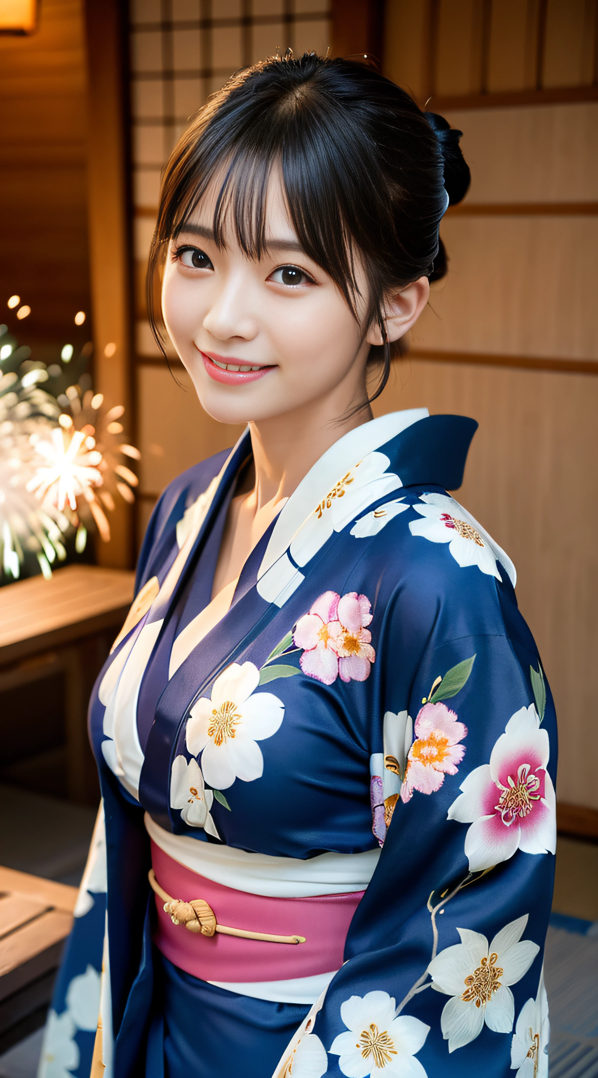 (8K、Raw photography、top-quality、masterpiece:1.2)、(reallistic、Photorealsitic:1.37)、The ultra -The high-definition、1 girl in、cute little、独奏、natta、Sitting、date、(Nasal redness)、(A smile:1.1)、(Closed)、Colossal tits、beautidful eyes、(short-hair:1.2)、(((Fireworks in the sky、natta)))、(((Kimono、Yukata)))、cleavage on the chest、perfect bodies、Perfect fingers、profetional lighting、goddess of Japan、gravure、Detailed face and skin texture、A detailed eye、Raw photo