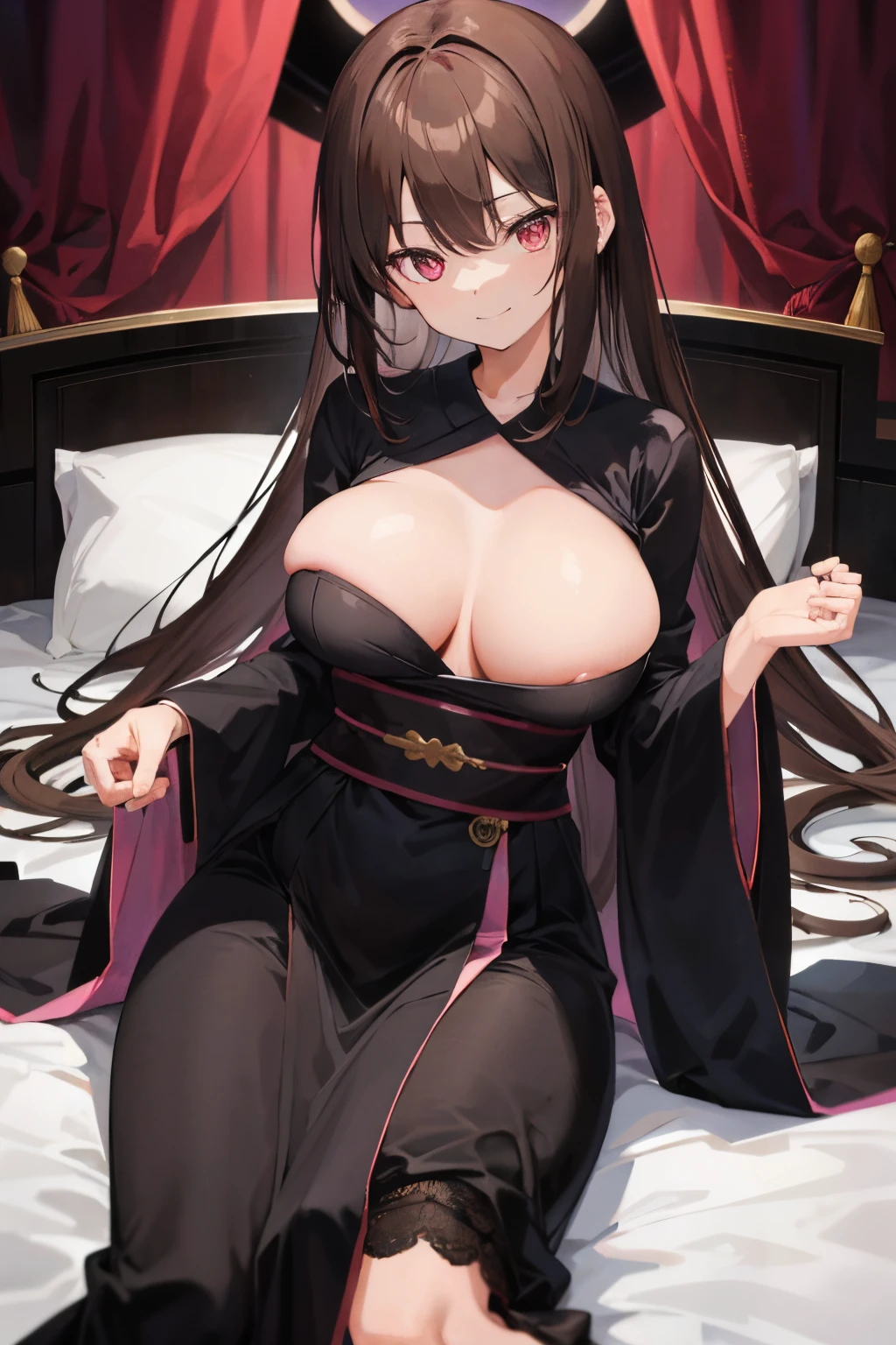 Colossal tits,Black underwear,Brown hair,length hair,Pink eyes,top-quality,Face it head-on,Cunning smile,black robes,emphasizing breasts,Color gimmicks,Hotel Bed,