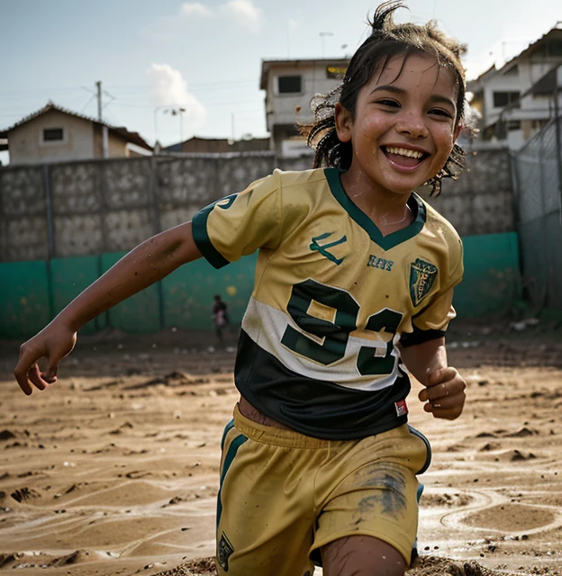 Create an attractive and realistic image of an excited child playing football on a mud field in the vibrant atmosphere of a favela, capturing the joy and energy of the moment with advanced details and maximum quality.