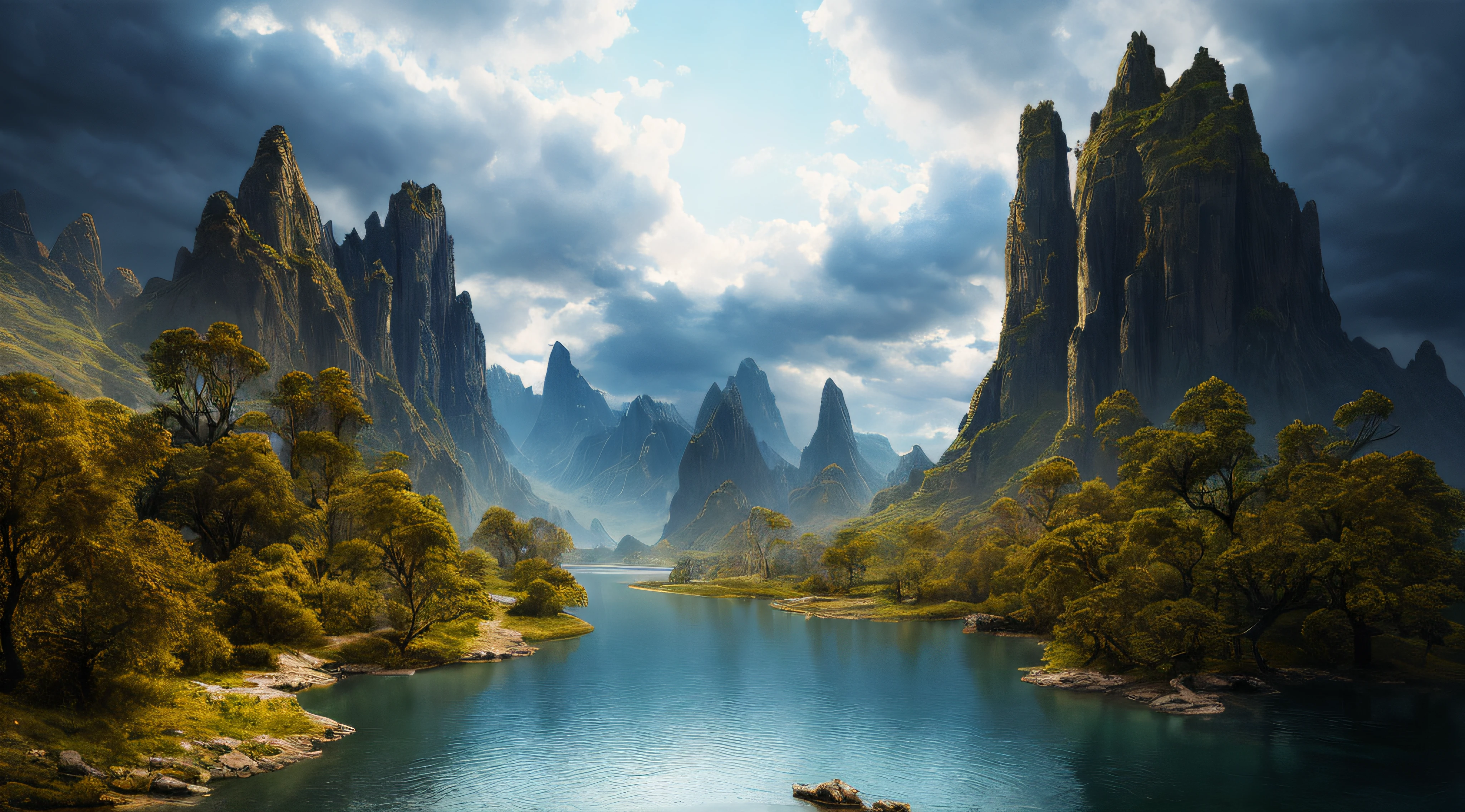 Masterpiece, best quality, high quality, extremely detailed CG unity 8k wallpaper, landscape, outdoor, sky, clouds, sky, no humans, mountain, landscape, water, tree, blue sky, waterfall, cliff, nature, lake, river , cloudy skies, award winning photography, bokeh, depth of field, HDR, bloom, chromatic aberration, photorealism, very detailed, trending on artstation, trending on CGsociety, intricate, high detail, dramatic, half way art