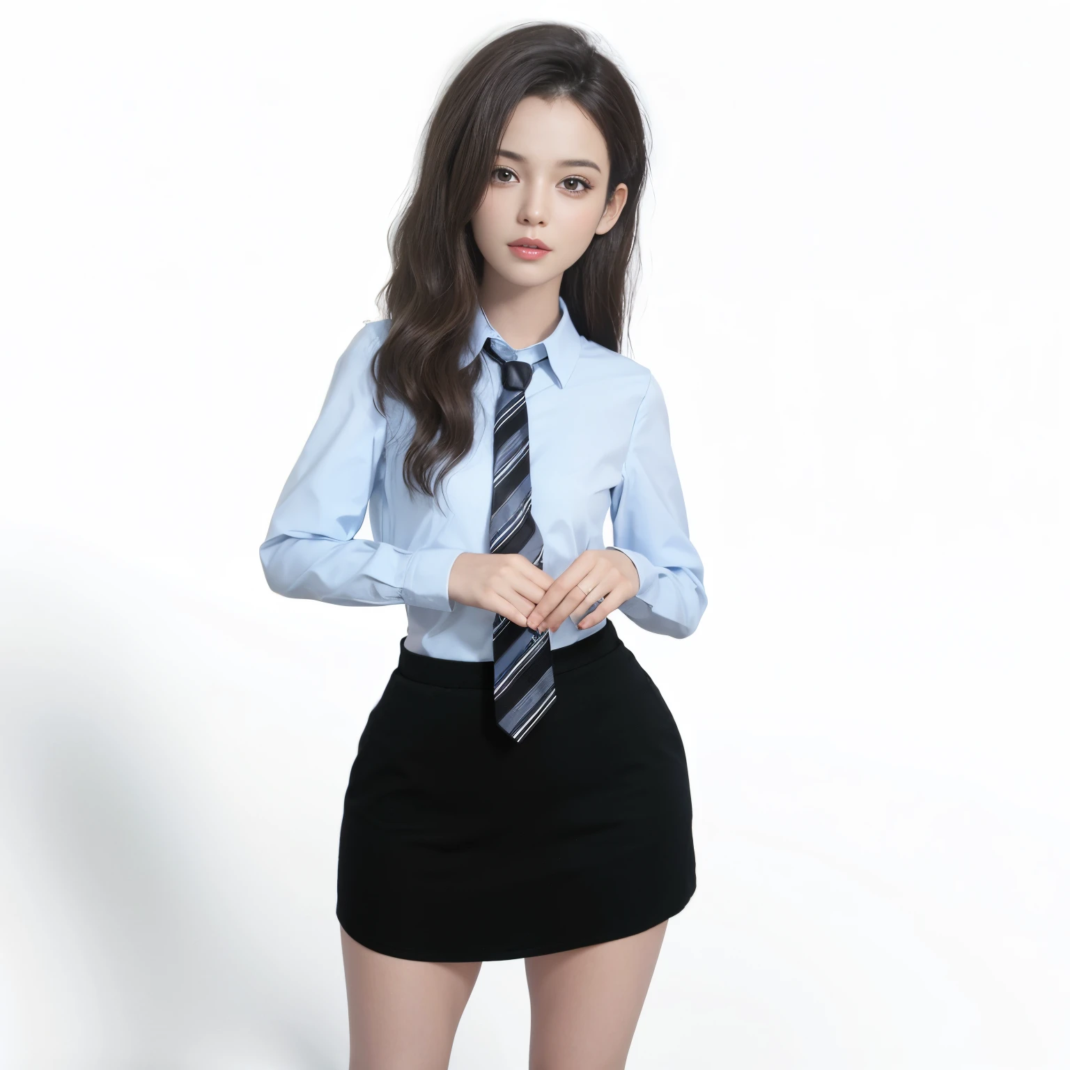 Arafed woman in a short skirt and a blue shirt and tie - SeaArt AI