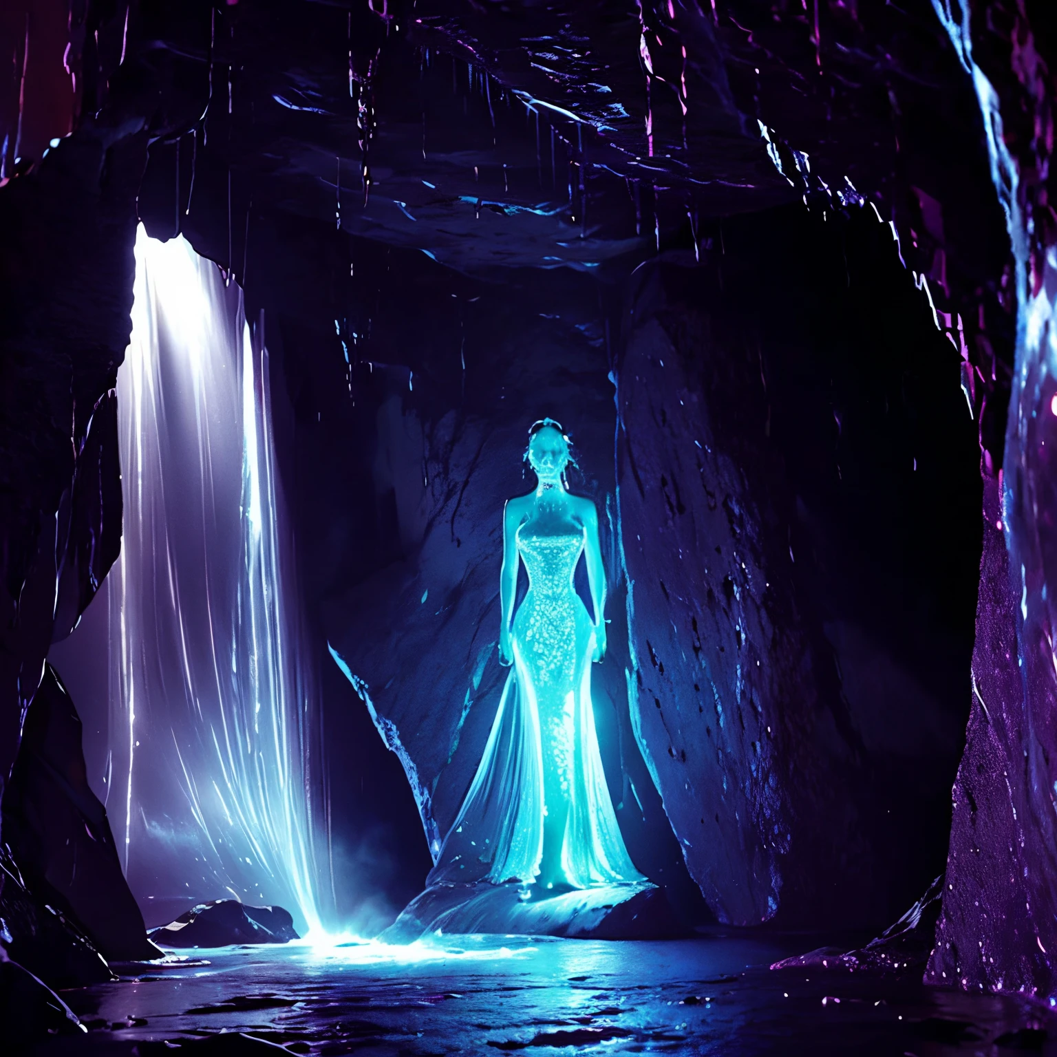 The goddess who descended into the cave, the whole body is shining, detailed luxury dress