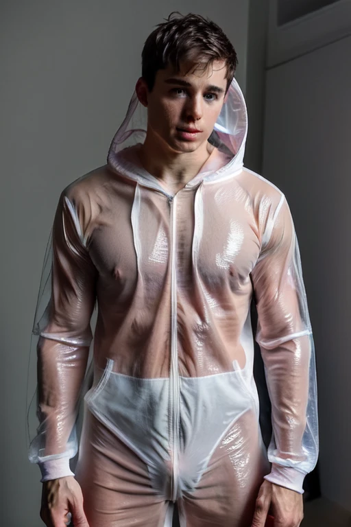 portrait of pietroboselli person, (transparent see through long sleeve hooded suit:1.2), professional photography, high resolution, 4k, detailed photo, penis