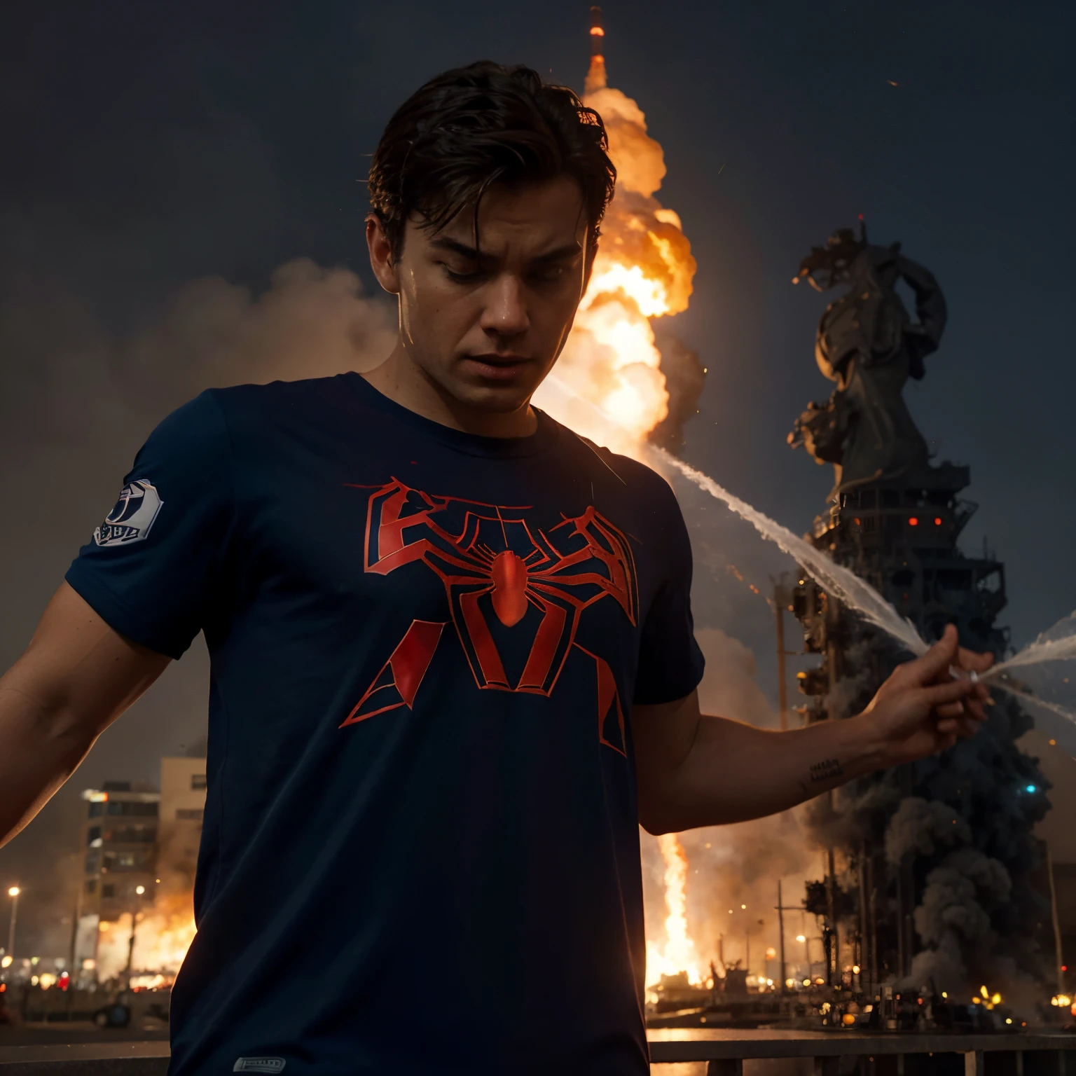 Spider-Man from the front in the t-shirt with Everton city on fire and plane crashing