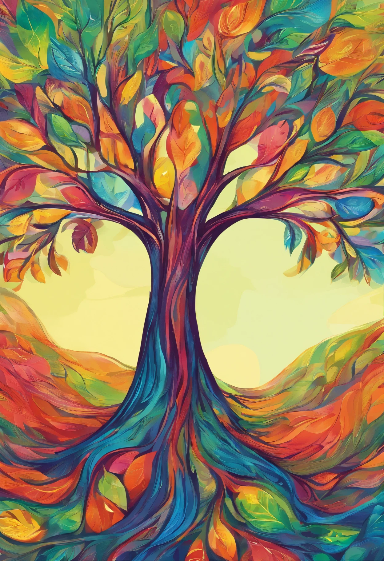 3d watercolor,dark background,high resolution,high quality,colorful,green,red,blue, grassy field, rolling hills— Tree, big wide trunk, oak, poplar, ash, roots-mirroring branches, leaves-rainbow colored leaves-(each leaf a different color; red, orange, yellow, green, blue, indigo, violet) tree trunk has a face in it (hidden face in the trunk of the tree, eyes open with gentle features and long eye-lashes, smiling features)
