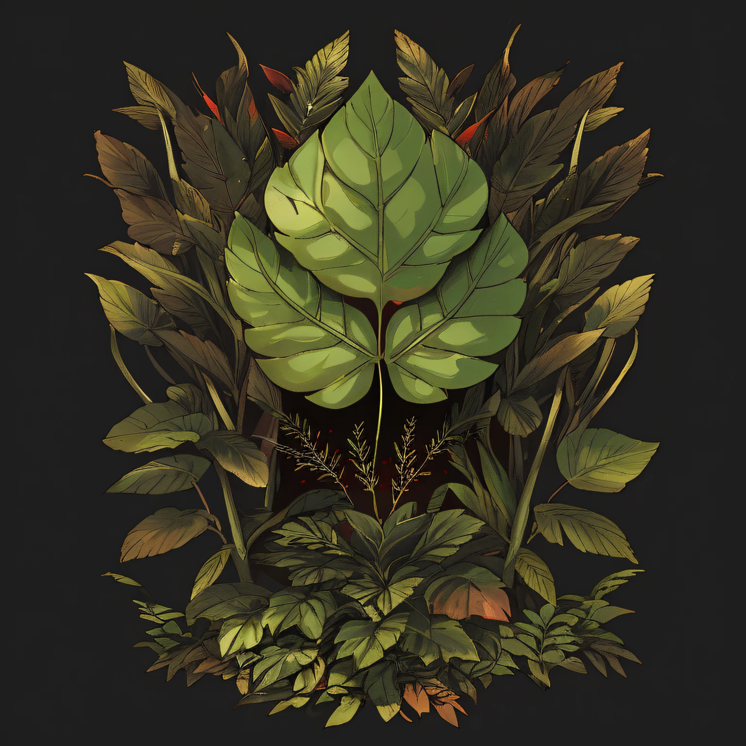 The leaves at the back are red,solid black background,The leaves should not be green
