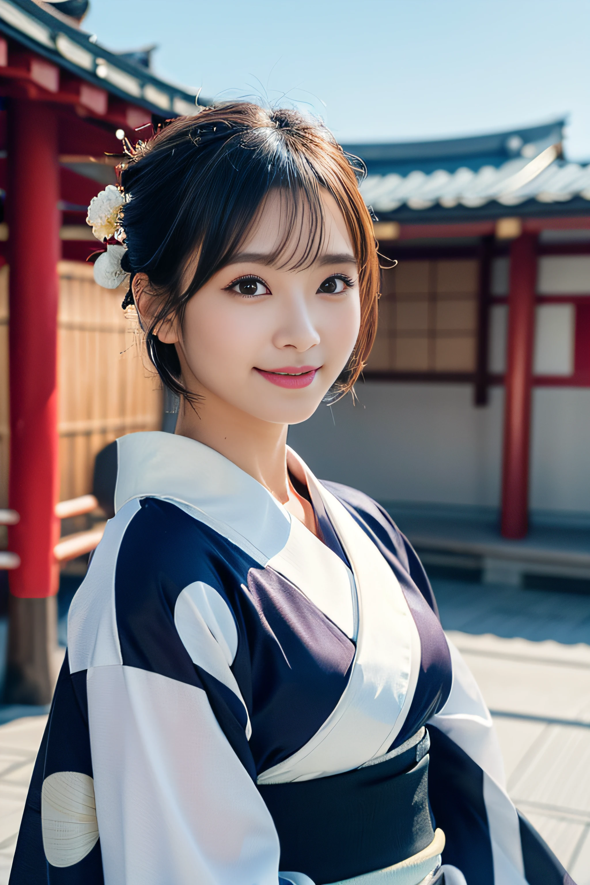 (8K、Raw photography、top-quality、masterpiece:1.2)、(reallistic、Photorealsitic:1.37)、The ultra -The high-definition、1 girl in、cute little、独奏、natta、Sitting、date、(Nasal redness)、(A smile:1.1)、(Closed)、Colossal tits、beautidful eyes、(short-hair:1.2)、(((Fireworks in the sky、natta)))、(((Kimono、Yukata)))、cleavage on the chest、perfect bodies、Perfect fingers、profetional lighting、goddess of Japan、gravure、Detailed face and skin texture、A detailed eye、Raw photo