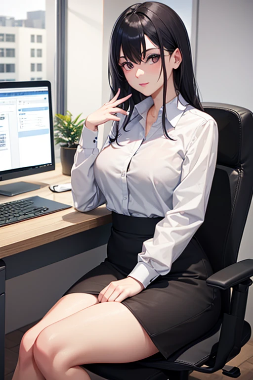 1lady solo office worker, sitting on swivel chair, /(casual shirt pencil skirt/) /(brown pantyhose/) /(id card lanyard/), /(black hair/) bangs, blush kind smile, (masterpiece best quality:1.2) ultra-detailed, large breasts arms down BREAK /(moden office indoors/) window skyscraper