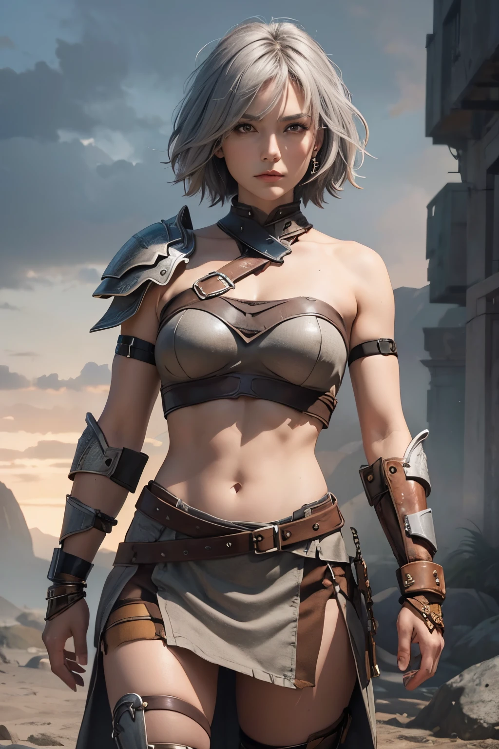 Female warrior,grey hair,short hair,brown eye,strapless top brown,grey rock armor,brown rock shoulder,brown rock wristband