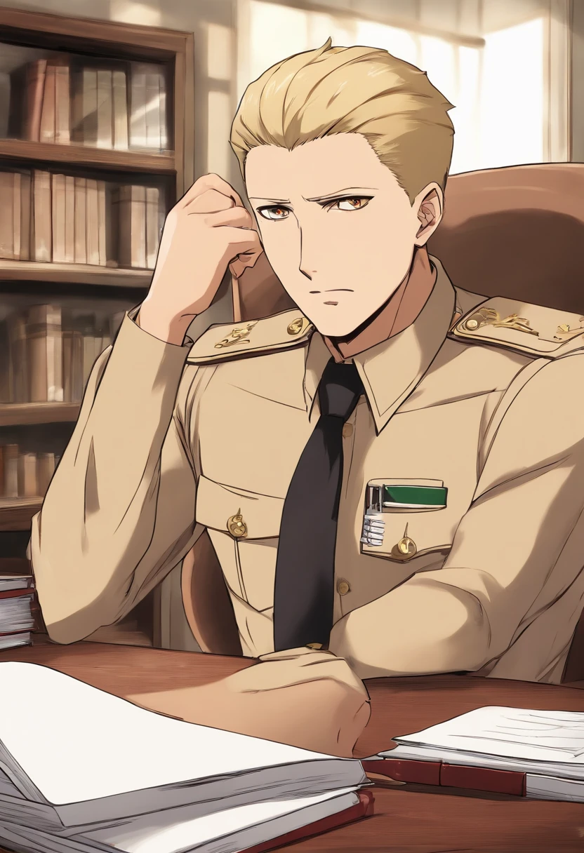 A photo of Reiner sitting at his desk, writing in a journal with a pained expression on his face.,Attack on Titan,Reiner Braun is tall, buff, with very short blonde hair and a very short stubble goatee, small amber eyes, thin eyebrows, very masculine features. Wears a long beige coat, white dress shirt, black tie, and a red armband with a white nine-pointed star on it. (Reiner Braun from Attack on Titan), male