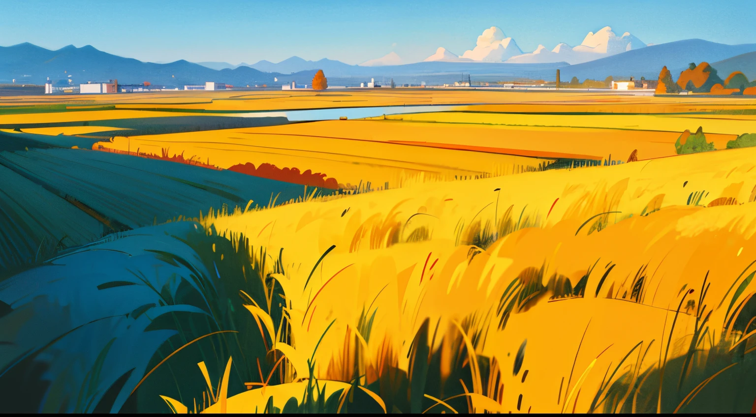 Autumn,(autumnal),(Close-up of golden rice fields),Cyan mountains in the distance,(with blue sky and white clouds),(higher purity),(Medium saturation),(clean pictures),The picture gives people an elegant feeling、Relaxed feeling,Add a natural calm and unique atmosphere,low perspective,(depth of fields),(ssee-through),normal ingredients,(simple),(8K),High quality and clarity,hyper HD,(Best quality at best)