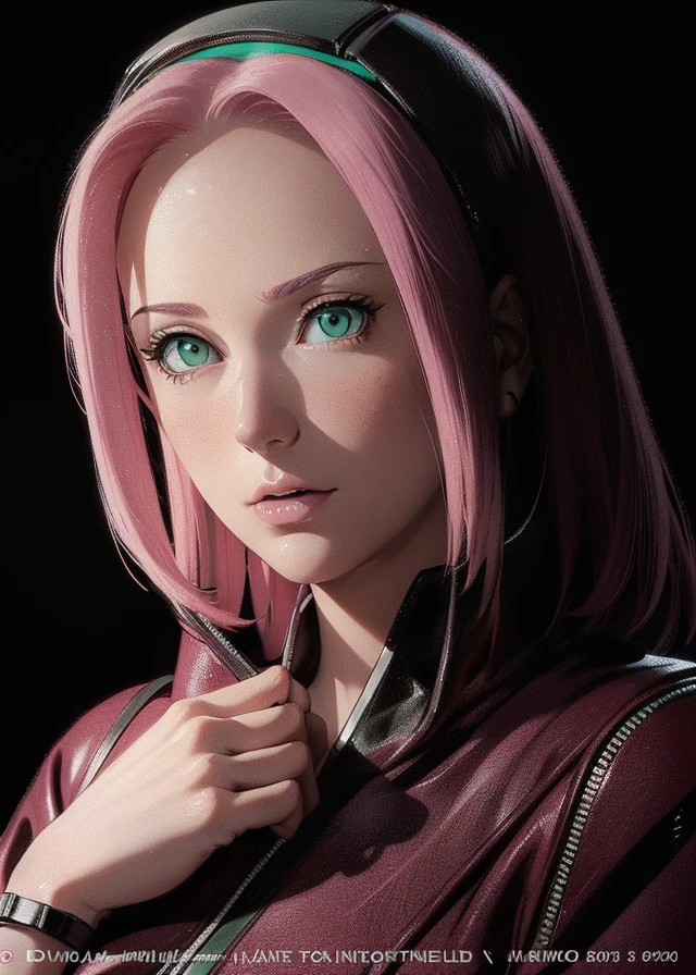 young woman, slender, small breasts, peach skin, short pink hair, wide forehead, pink eyebrows, emerald green eyes, buttoned nose, pink lips, heart-shaped face, red leather dress, Sakura Haruno, black leather gloves, realistic , 3d, 8k