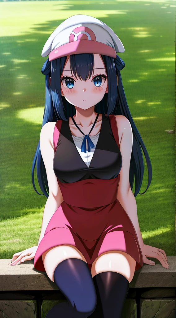 masterpiece, best quality, highres, dawn \(pokemon\), dark  blue hair,  long hair, blue eyes, medium breasts, mature body and face, 1girl, solo, blue ribbon, eyelashes, black thighhighs, neck ribbon, sleeveless, bangs, collarbone, bare arms, pink dress, red coat, pink headwear, outdoors, sitting, peace_sign,