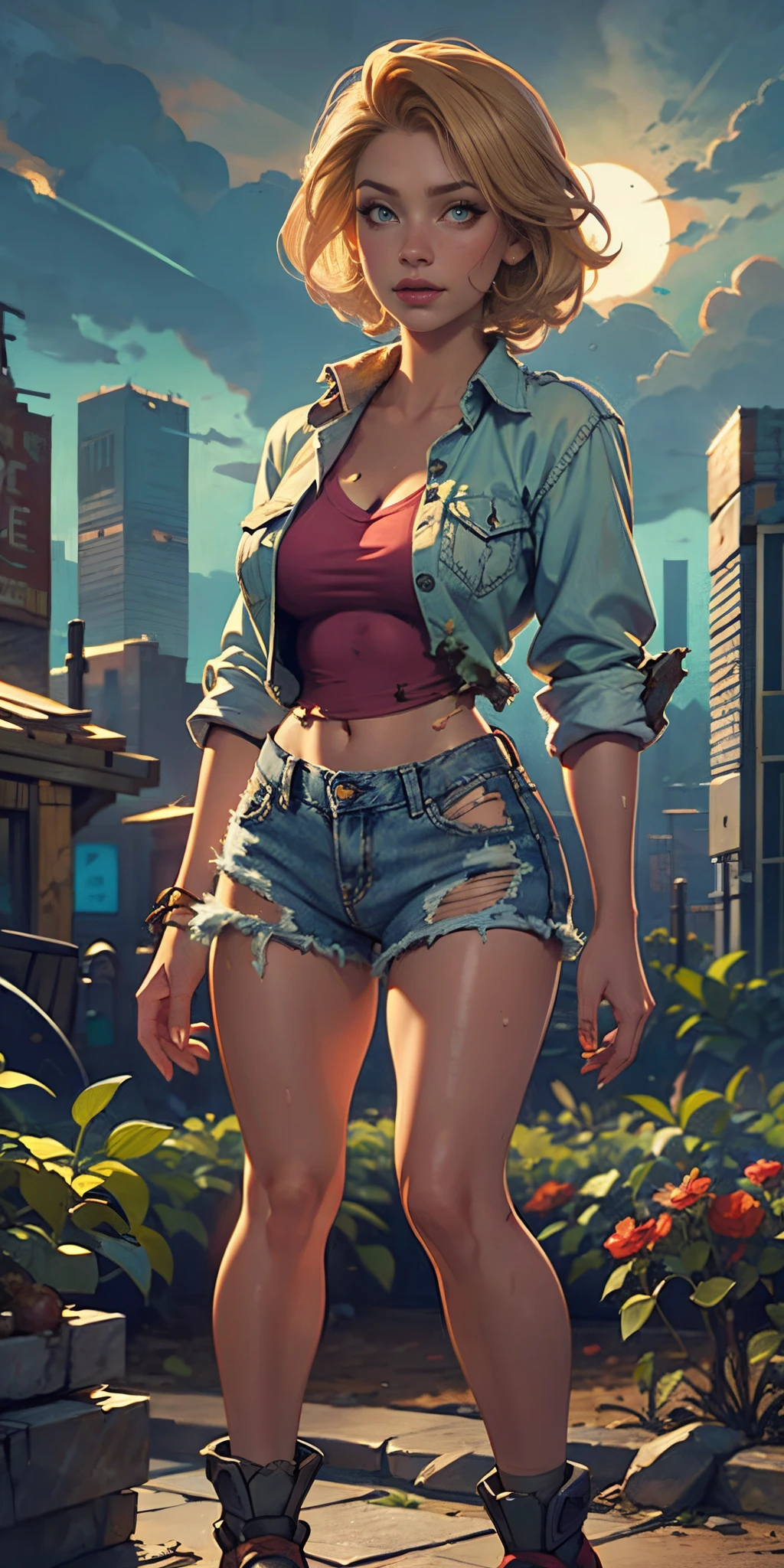 2076 year. The Urban Ruins of the Wasteland, Female huntress picking fruit in the garden, beautiful face, blonde, badly torn shirt and denim shorts , long legs, sweating through, sun rising, Nice warm colors, head to toe full body shot