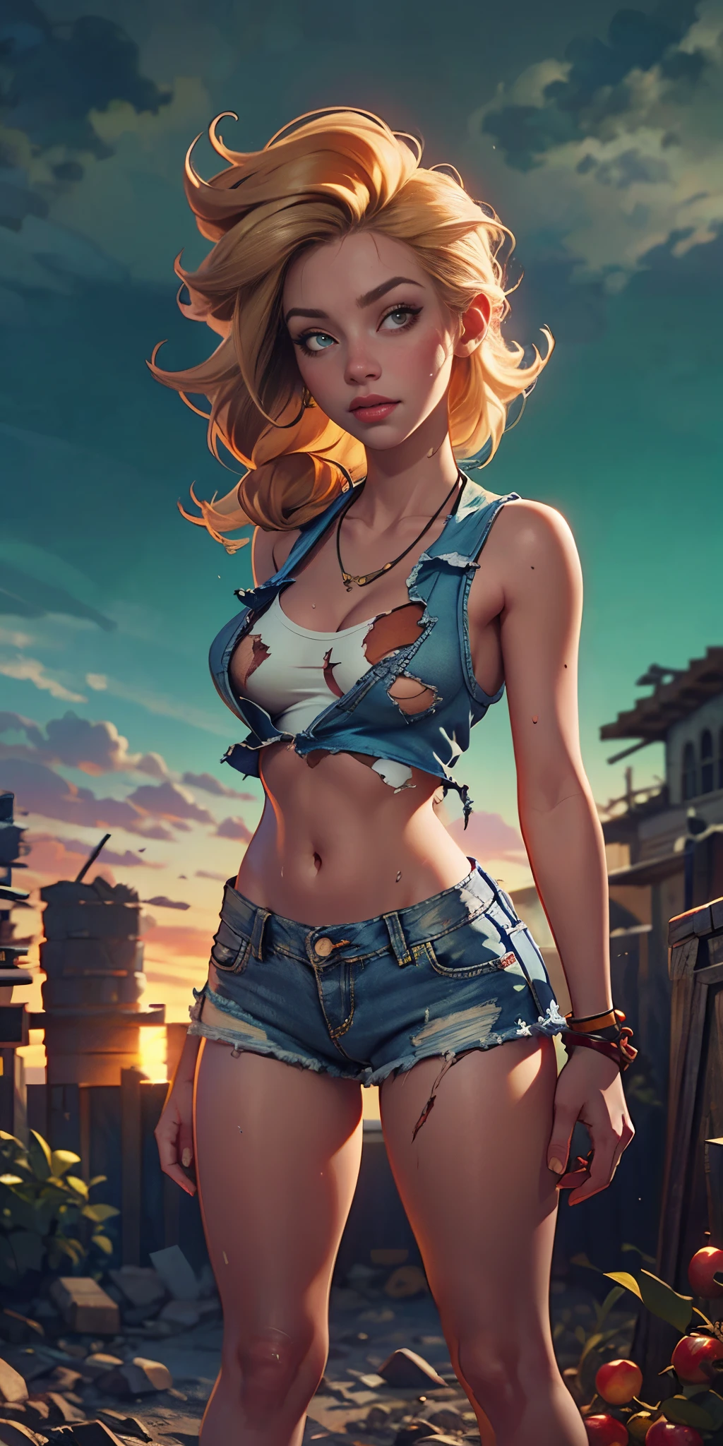 2076 year. The Urban Ruins of the Wasteland, Female huntress picking fruit in the garden, beautiful face, blonde, badly torn shirt and denim shorts , long legs, sweating through, sun rising, Nice warm colors, head to toe full body shot