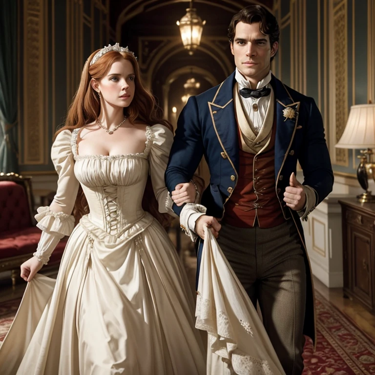 a romantic couple, Amy Adams y Henry Cavill Parte superior del cuerpo, British Regency in 19th century Victorian period attire