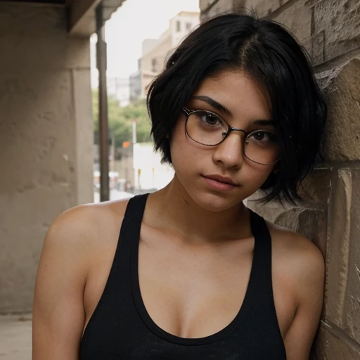 Nerdy ite Emo mexican teen with short volumetric hair and voluptuous breasts wearing a tank top shirt.
