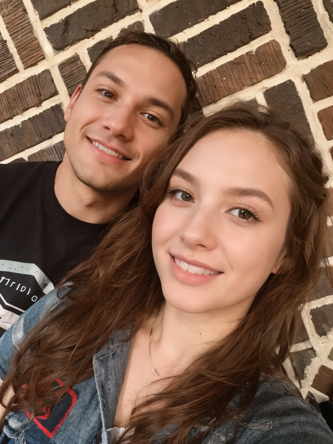 There are two people taking a selfie, it's a girl and a boy., la chica se encuentra a la izquierda de la foto y es rubia de mechas, She has green eyes, quite white, she has three earrings in her ear, she is smiling with her mouth closed., tiene los brazos, rodeando el cuello del chico. The boy is smiling, he is dark-skinned and has short hair. He has a white shirt with a slightly high collar, two buttons open. He has dark brown eyes and is smiling with his mouth closed. You can see him through the gap in the shirt., un collar plateado simple. You can only see the two of them from the chest up and behind them there is a wooden background that is a closet.