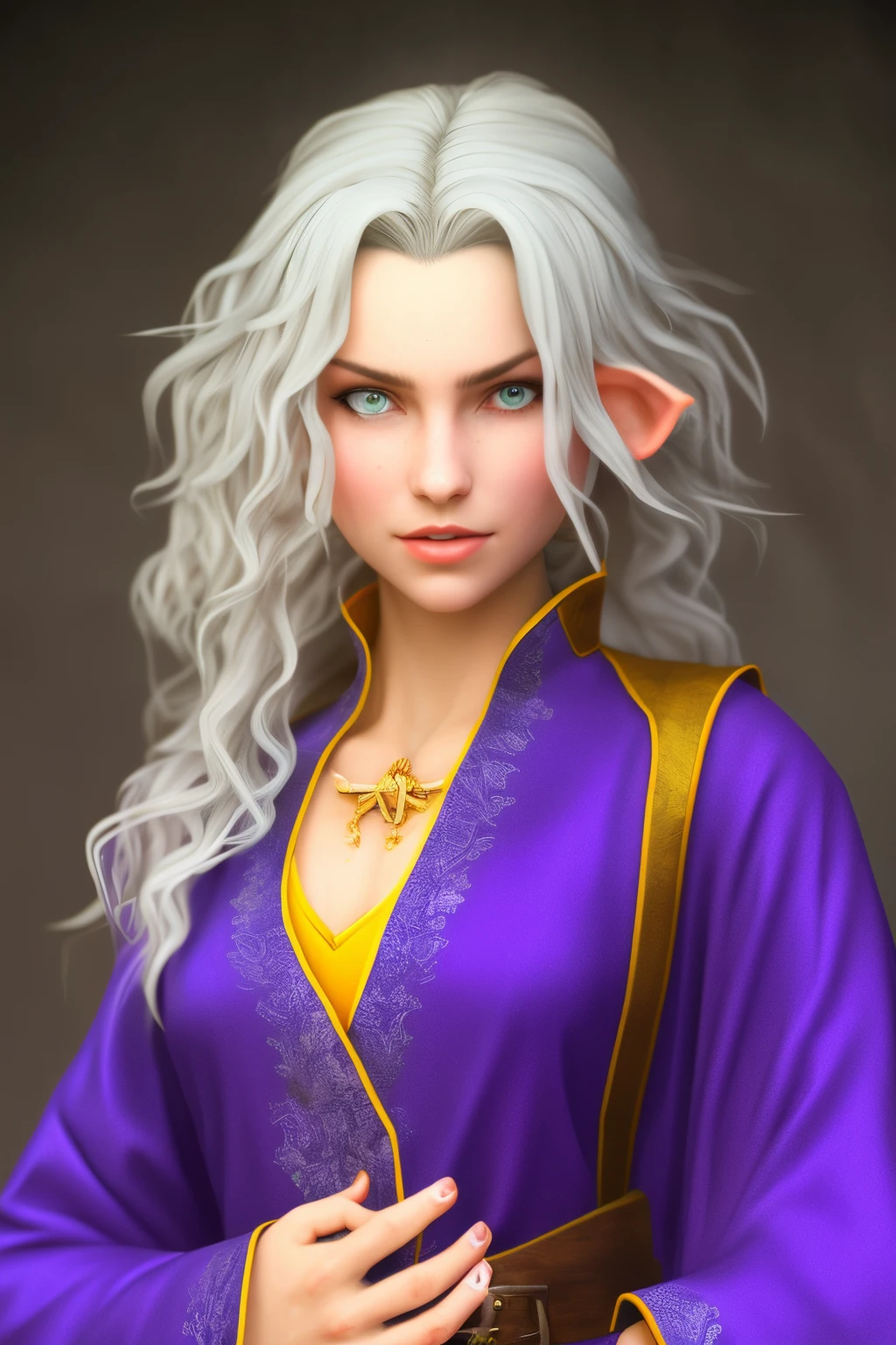 Portrait of a young elf woman, sorcerer, blue Draconic bloodline (has a bit of blue scales on her cheeks and neck), uses light crossbow, has white, a bit of blue hair, skin is pale, eyes are yellow, wearing royal violet robe