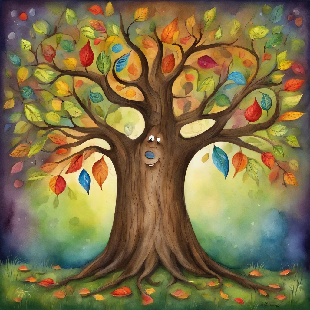 3d watercolor,dark background,high resolution,high quality,colorful,green,red,blue, grassy field, rolling hills— Tree, big wide trunk, oak, poplar, ash, roots-mirroring branches, leaves-rainbow colored leaves-(each leaf a different color; red, orange, yellow, green, blue, indigo, violet) tree trunk has a face in it (hidden face in the trunk of the tree, eyes open with gentle features and long eye-lashes, smiling features)_for a children’s storybook_ professional illustration, of a tree with a face in the trunk that gives hugs and has candy for fruit among rainbow leaves