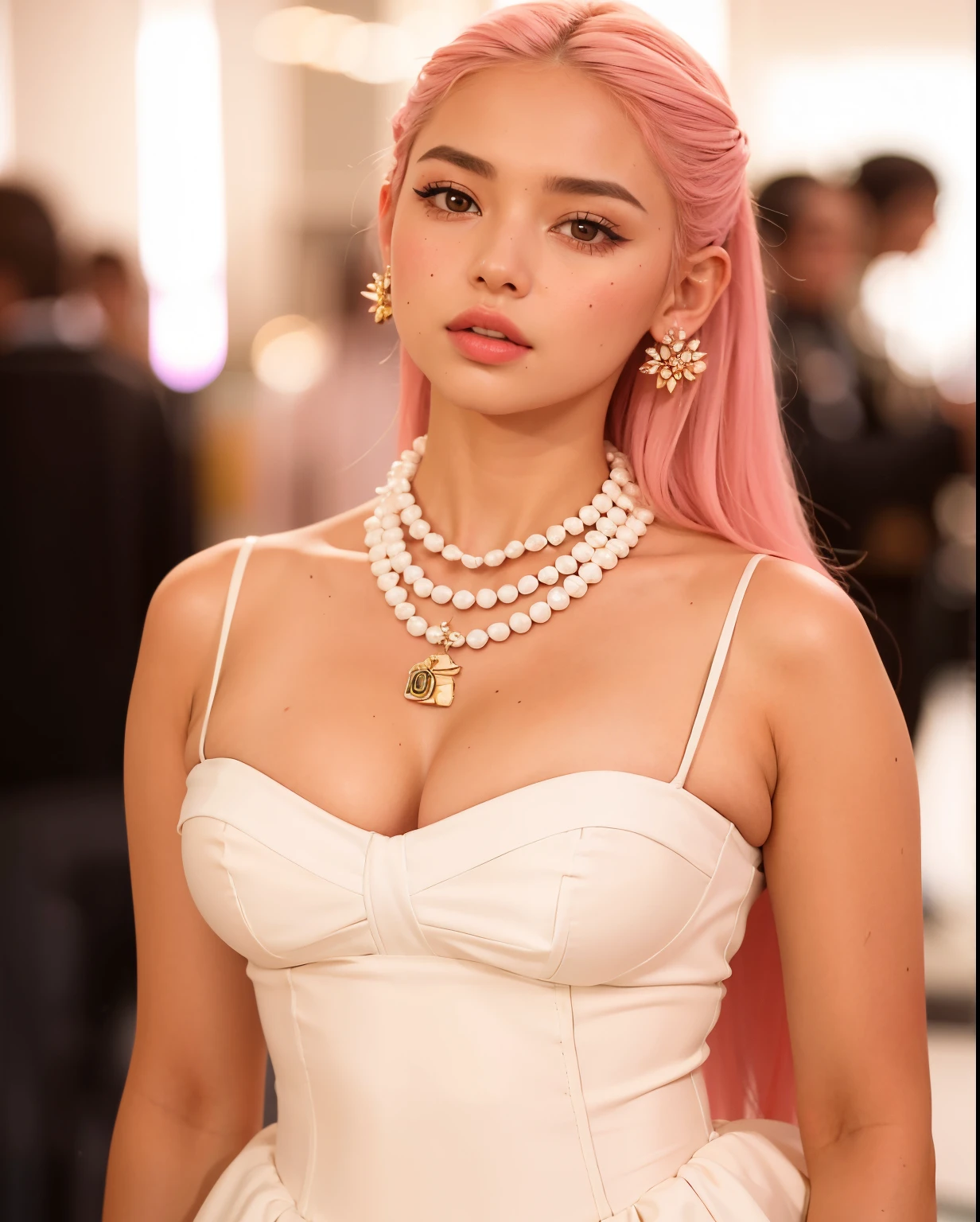 Mujer araffe con cabello rosado con un vestido blanco y un collar de perlas., hermosa poarch, Retrato Sophie Mudd, Cerveza Soft Devil Queen Madison, Estilo de Julia Razumova, Retrato de Demi Rose, Cerveza Madison, Dua Lipa, Chica con un pendiente de perlas, collar de perlas, perlas, Perlas y cadenas, Modelo muy bonita, Perlas y cadenas de oro