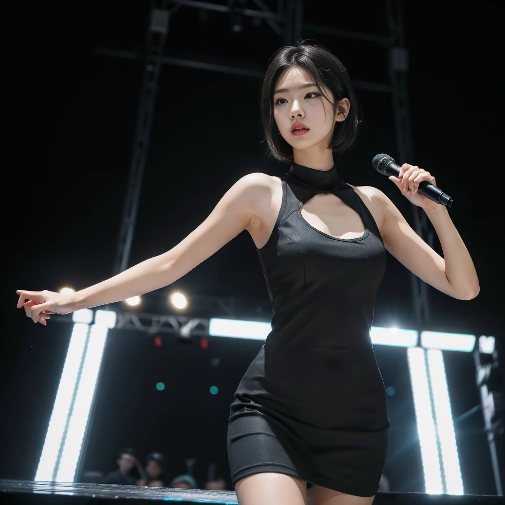 Best quality, masterpiece, ultra high res, (photorealistic:1.5), raw photo, Kpop idols performing on stage, black short tight dresses, in the dark, deep shadow, low key, cold light, sexy look, short hair