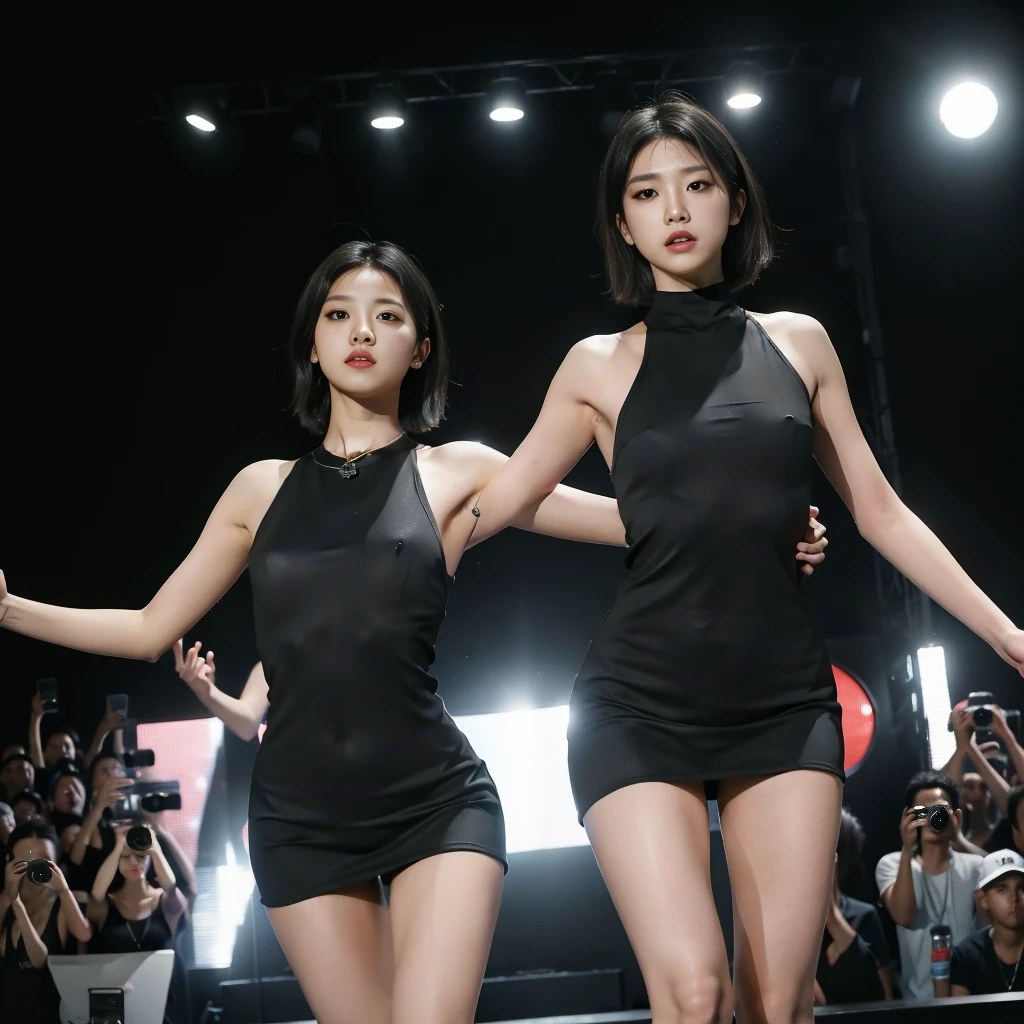 Best quality, masterpiece, ultra high res, (photorealistic:1.5), raw photo, Kpop idols performing on stage, black short tight dresses, in the dark, deep shadow, low key, cold light, sexy look, short hair