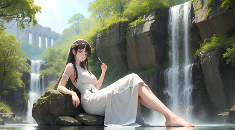 (top-quality、hight resolution、masterpiece)、((Watercolor in Sargent style))、(David Hamilton Style)、(softfocus)、ancient greek scene 、The world of Bilitis songs、(greek female bard)、22year old、(美丽的面容)、Well-formed eyes and nose、Bewitching smile、(Detailed depiction of the face)、Classic hairstyles、Beautiful figure、detail portrayal、(ancient greek clothes)、(White tunic)、greek toga、(1人の女性)、((Woman sitting on a rock in the river with a waterfall in the background))、(Accurate hand and finger depiction)、Cinematic scenes、ciinematic light、softlight、raytrace、luminous sky、greek architecture columns、greek pine、(nostalgia)、classic vibes、Blur the background、