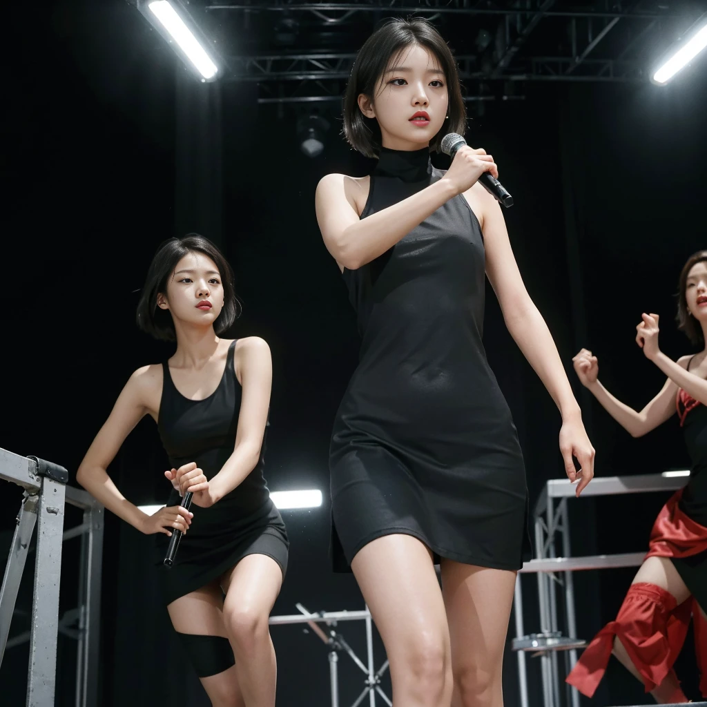 Best quality, masterpiece, ultra high res, (photorealistic:1.5), raw photo, Kpop idols performing on stage, black short tight dresses, in the dark, deep shadow, low key, cold light, sexy look, short hair