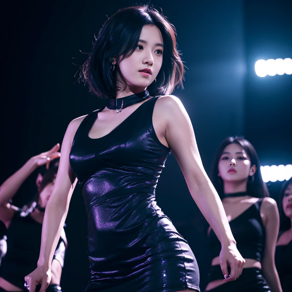 Best quality, masterpiece, ultra high res, (photorealistic:1.5), raw photo, Kpop idols performing on stage, black short tight dresses, in the dark, deep shadow, low key, cold light, sexy look, short hair