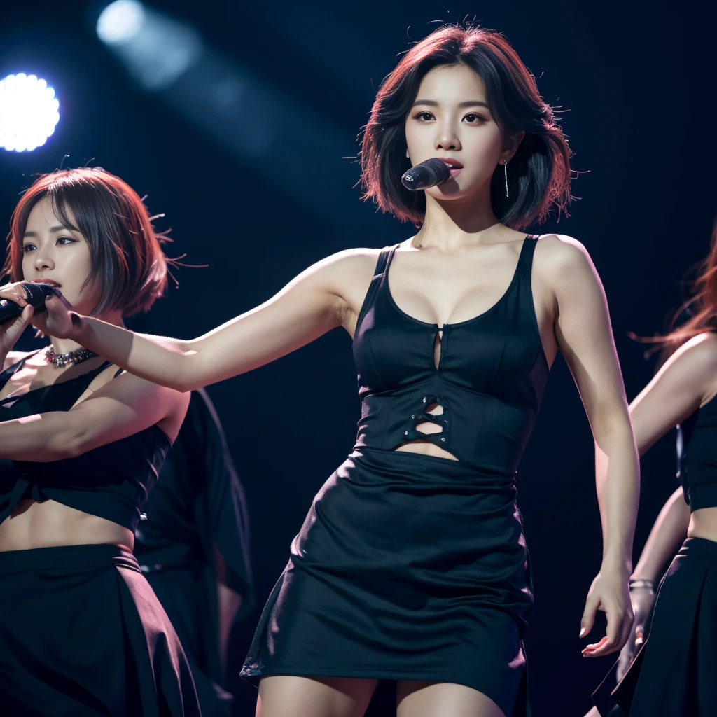 Best quality, masterpiece, ultra high res, (photorealistic:1.5), raw photo, Kpop idols performing on stage, black short tight dresses, in the dark, deep shadow, low key, cold light, sexy look, short hair