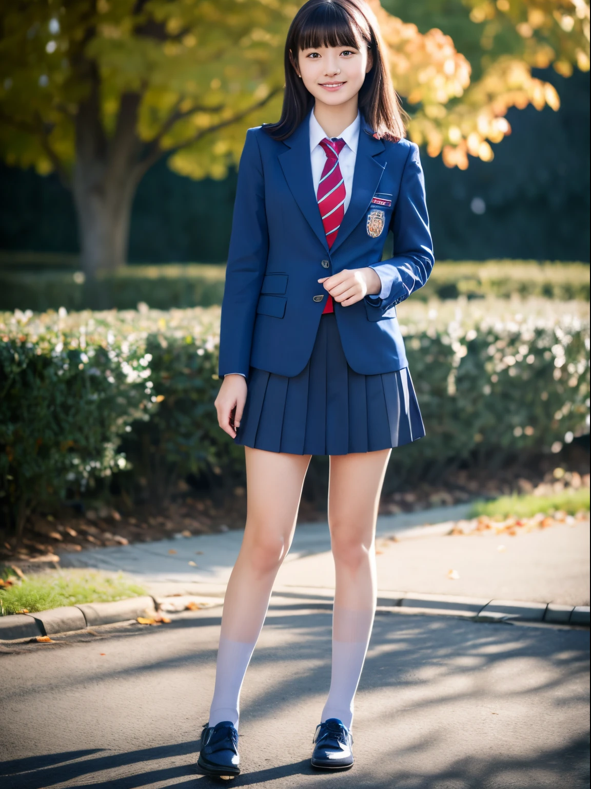 ((Masterpiece)), 8k, highest quality, 1 girl, solo, beautiful face, gentle expression, realistic, cute, dark blue short skirt, deep red tie, dark blue blazer uniform, (high school girl), smile, ( (Looking at camera)), medium hair, full body,