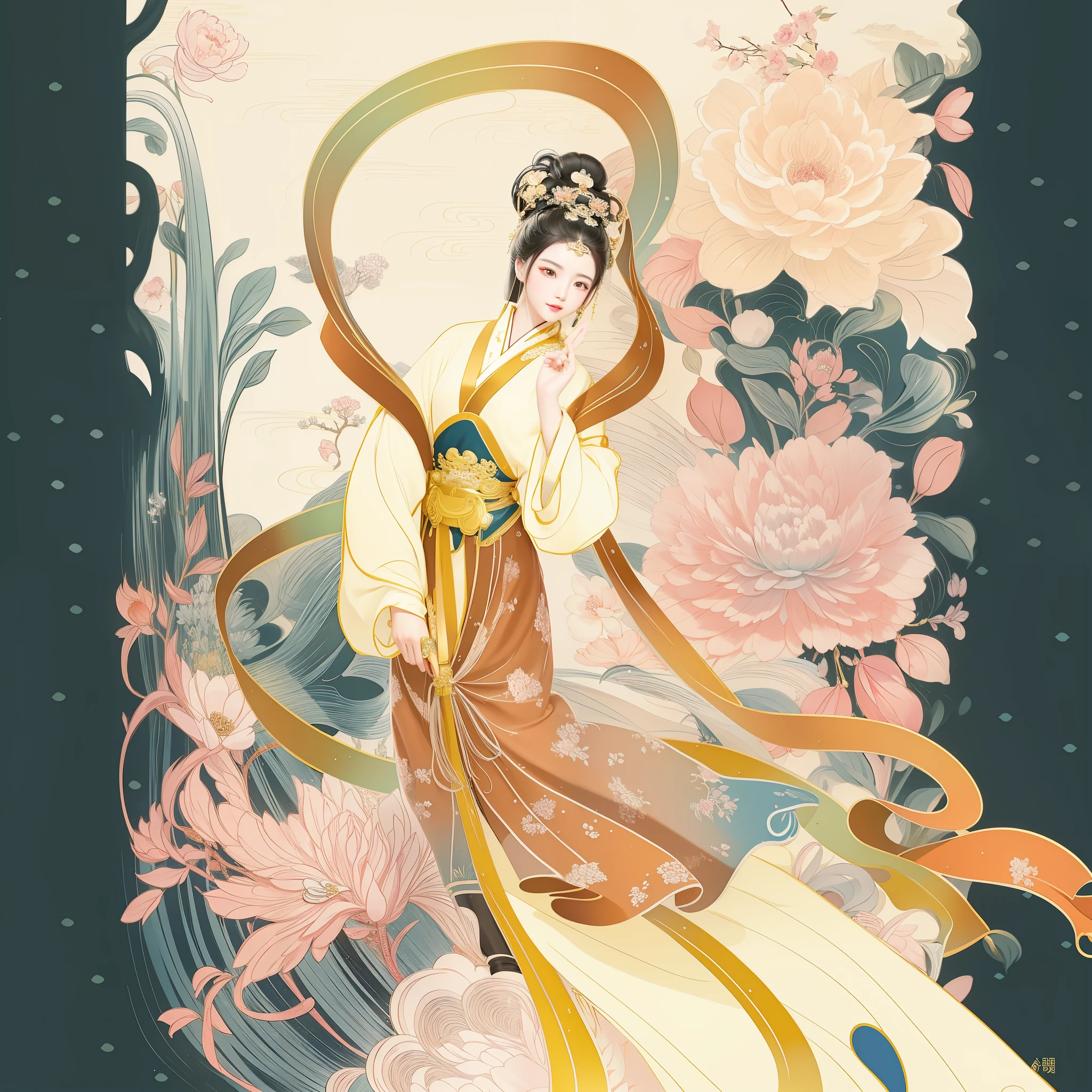 A person wearing a long skirt、Woman with a fan in her hand, A beautiful artistic illustration, an ancient Chinese goddess, Princesa chinesa antiga, A girl in Hanfu, Behind is peony, ancient china art style, inspired by Tang Yin, ancient chinese beauti