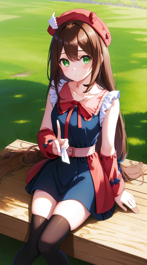 masterpiece, best quality, highres, rosie brown hair,  long hair, green eyes, medium breasts, mature body and face, 1girl, solo, blue ribbon, eyelashes, black thighhighs, neck ribbon, sleeveless, bangs, collarbone, bare arms, pink dress, red coat, pink headwear, outdoors, sitting, peace_sign,
