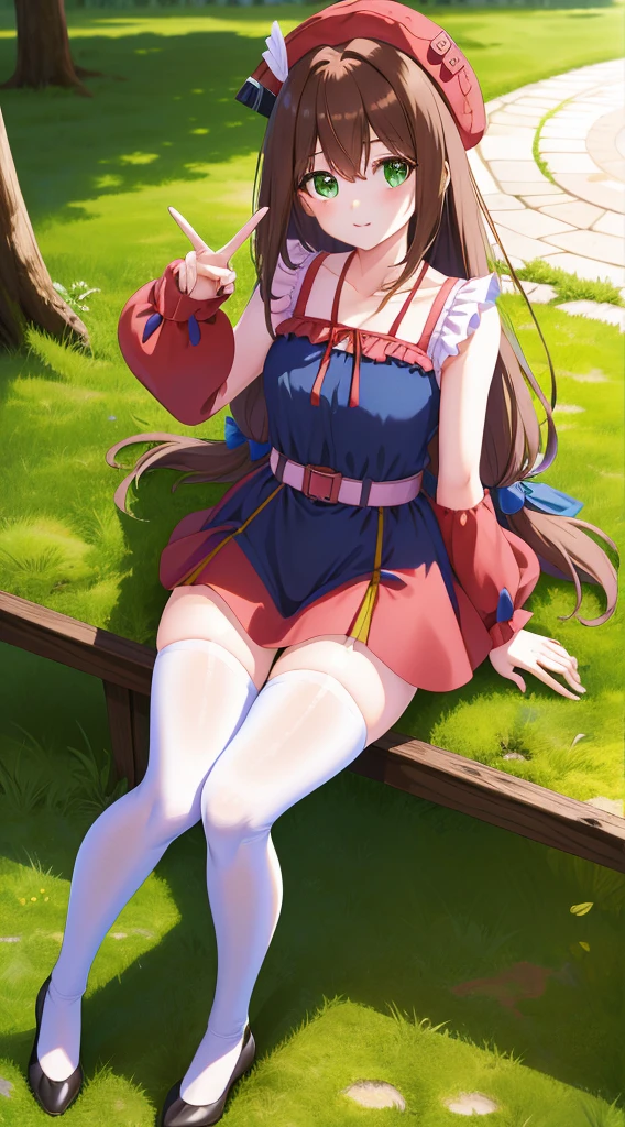 masterpiece, best quality, highres, rosie brown hair,  long hair, green eyes, medium breasts, mature body and face, 1girl, solo, blue ribbon, eyelashes, black thighhighs, neck ribbon, sleeveless, bangs, collarbone, bare arms, pink dress, red coat, pink headwear, outdoors, sitting, peace_sign,