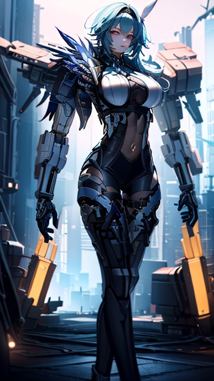 ((masterpiece, best quality)),illustration,ultra detailed 8k,photorealistic,sharp focus,highly detailed,professional lighting,colorful details,iridescent colors BREAK extreme long shot of a factory,large mechanical robot construction,microchip,computer,glowing,intricate details,shitu-mecha,1girl is standing in front of the audience,Navel