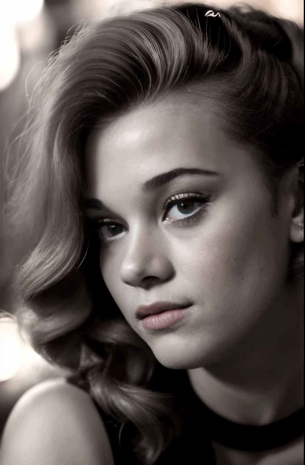 (close-up, editorial photograph of a 20 yo woman from the 1940's), (highly detailed face:1.4) (smile:0.7) (background inside dark, moody, private study:1.3) POV, by lee jeffries, nikon d850, film stock photograph ,4 kodak portra 400 ,camera f1.6 lens ,rich colors ,hyper realistic ,lifelike texture, dramatic lighting , cinestill 800,