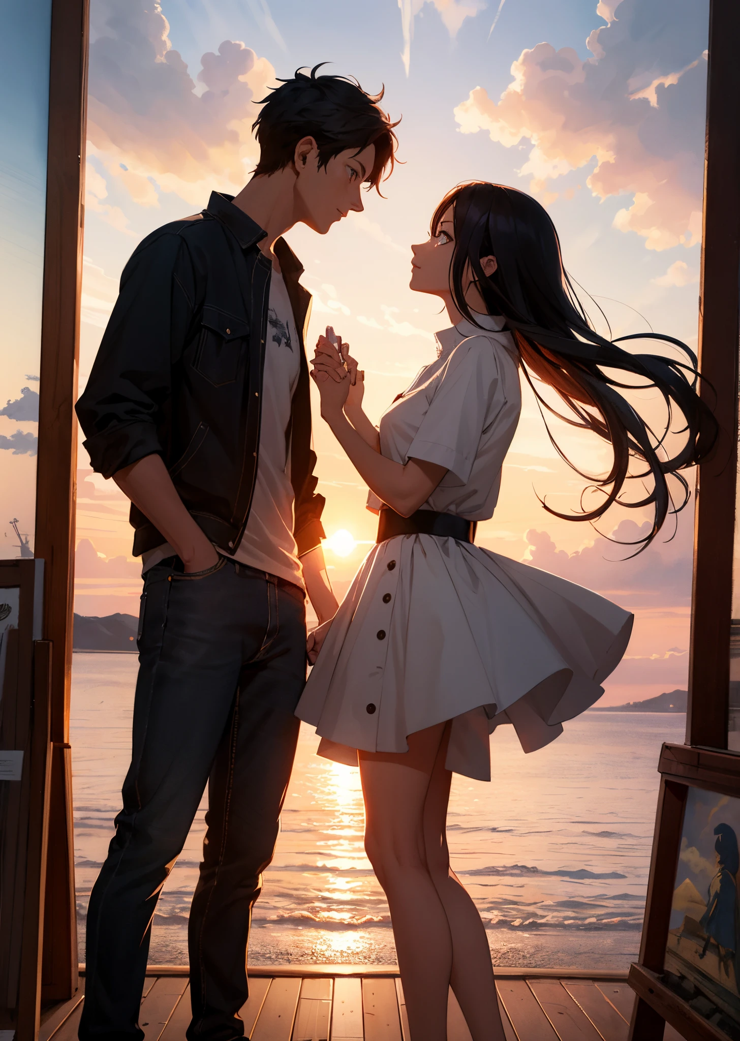 a couple looking at each other in front of a sunset, a painting by Lü Ji, cgsociety, neo-romanticism, anime aesthetic, anime, retrowave