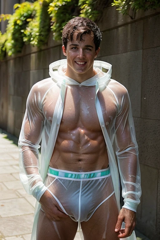 portrait of pietroboselli person, (transparent see through long sleeve hooded suit:1.2), professional photography, high resolution, 4k, detailed photo, penis, (sweaty:1.5), light, daylight, light on face, looking at viewer, coy smile