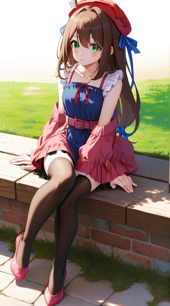 masterpiece, best quality, highres, rosie brown hair,  long hair, green eyes, medium breasts, mature body and face, 1girl, solo, blue ribbon, eyelashes, black thighhighs, neck ribbon, sleeveless, bangs, collarbone, bare arms, pink dress, red coat, pink headwear, outdoors, sitting, sexy pose