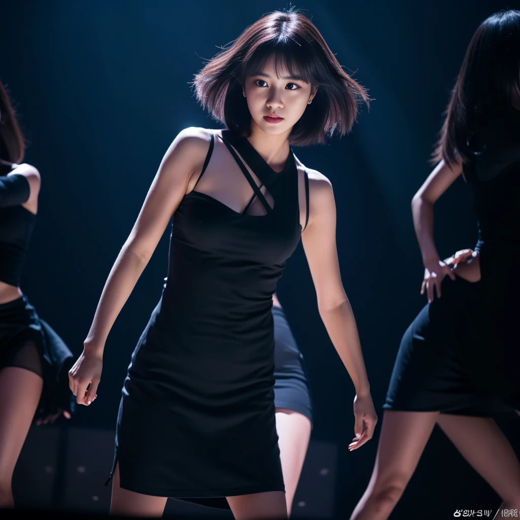 Best quality, masterpiece, ultra high res, (photorealistic:1.5), raw photo, Kpop idols performing on stage, black short tight dresses, in the dark, deep shadow, low key, cold light, sexy look, short hair