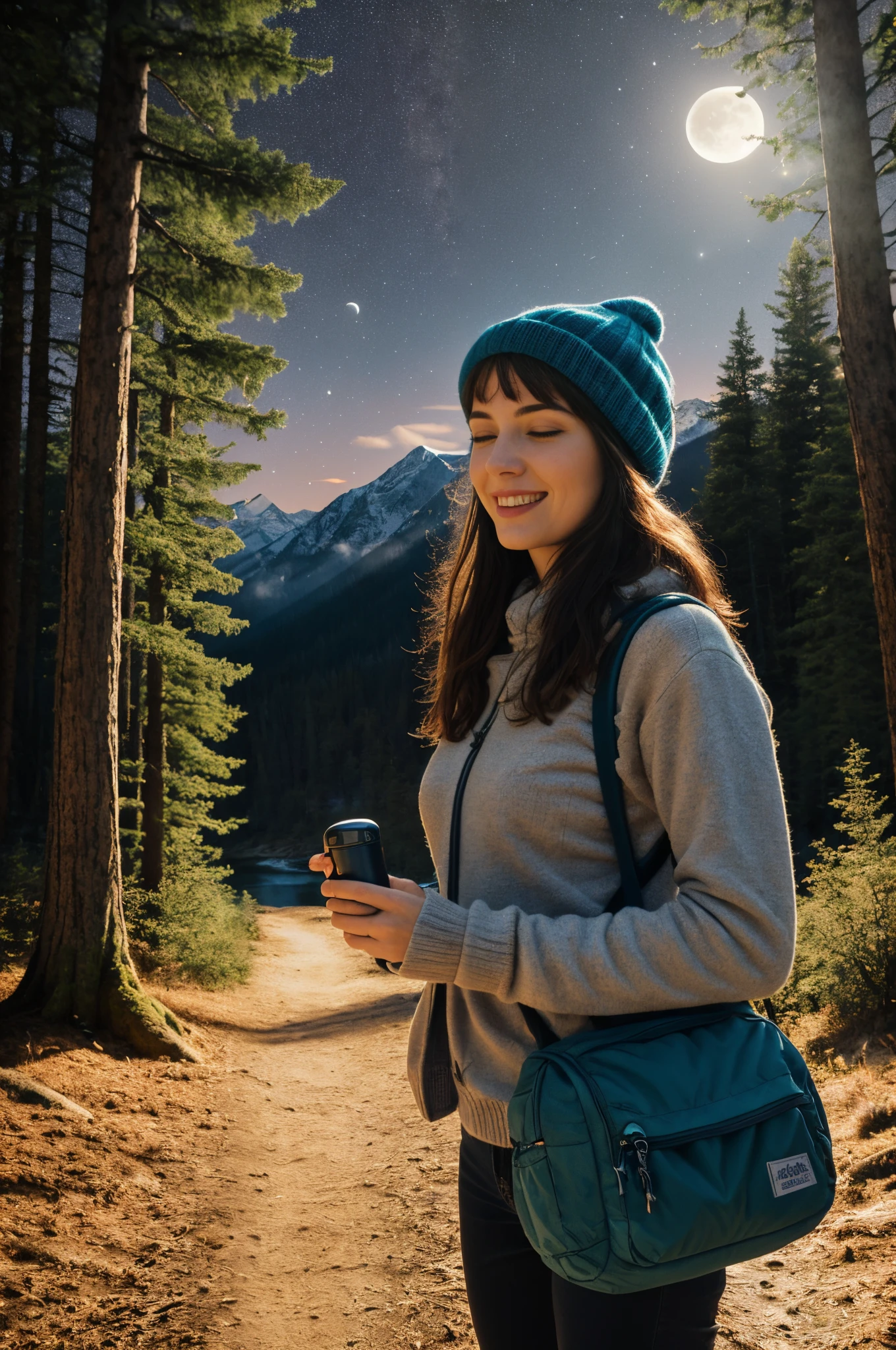 1 woman ((upper body selfie, happy)), masterpiece, best quality, ultra-detailed, ground, outdoor, (night), mountains, nature, (stars, moon) cheerful, happy, backpack, bag sleeping, camping stove, water bottle, mountain boots, gloves, sweater, hat, lantern, forest, stones, river, wood, smoke, shadows, contrast, clear sky, style, (warm hue, warm tone)