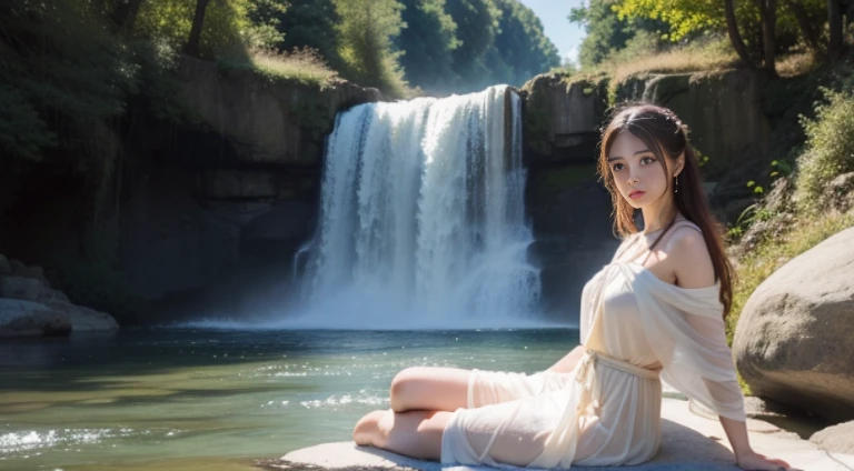 (top-quality、hight resolution、masterpiece)、((Watercolor in Sargent style))、(David Hamilton Style)、(softfocus)、ancient greek scene 、The world of Bilitis songs、(greek female bard)、22year old、(美丽的面容)、Well-formed eyes and nose、Bewitching smile、(Detailed depiction of the face)、Classic hairstyles、Beautiful figure、detail portrayal、(ancient greek clothes)、(White tunic)、greek toga、(1人の女性)、((Woman sitting on a rock in the river with a waterfall in the background))、(Accurate hand and finger depiction)、Cinematic scenes、ciinematic light、softlight、raytrace、luminous sky、greek architecture columns、greek pine、(nostalgia)、classic vibes、Blur the background、
