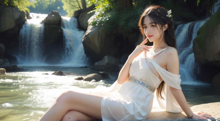 (top-quality、hight resolution、masterpiece)、((Watercolor in Sargent style))、(David Hamilton Style)、(softfocus)、ancient greek scene 、The world of Bilitis songs、(greek female bard)、22year old、(美丽的面容)、Well-formed eyes and nose、Bewitching smile、(Detailed depiction of the face)、Classic hairstyles、Beautiful figure、detail portrayal、(ancient greek clothes)、(White tunic)、greek toga、(1人の女性)、((Woman sitting on a rock in the river with a waterfall in the background))、(Accurate hand and finger depiction)、Cinematic scenes、ciinematic light、softlight、raytrace、luminous sky、greek architecture columns、greek pine、(nostalgia)、classic vibes、Blur the background、
