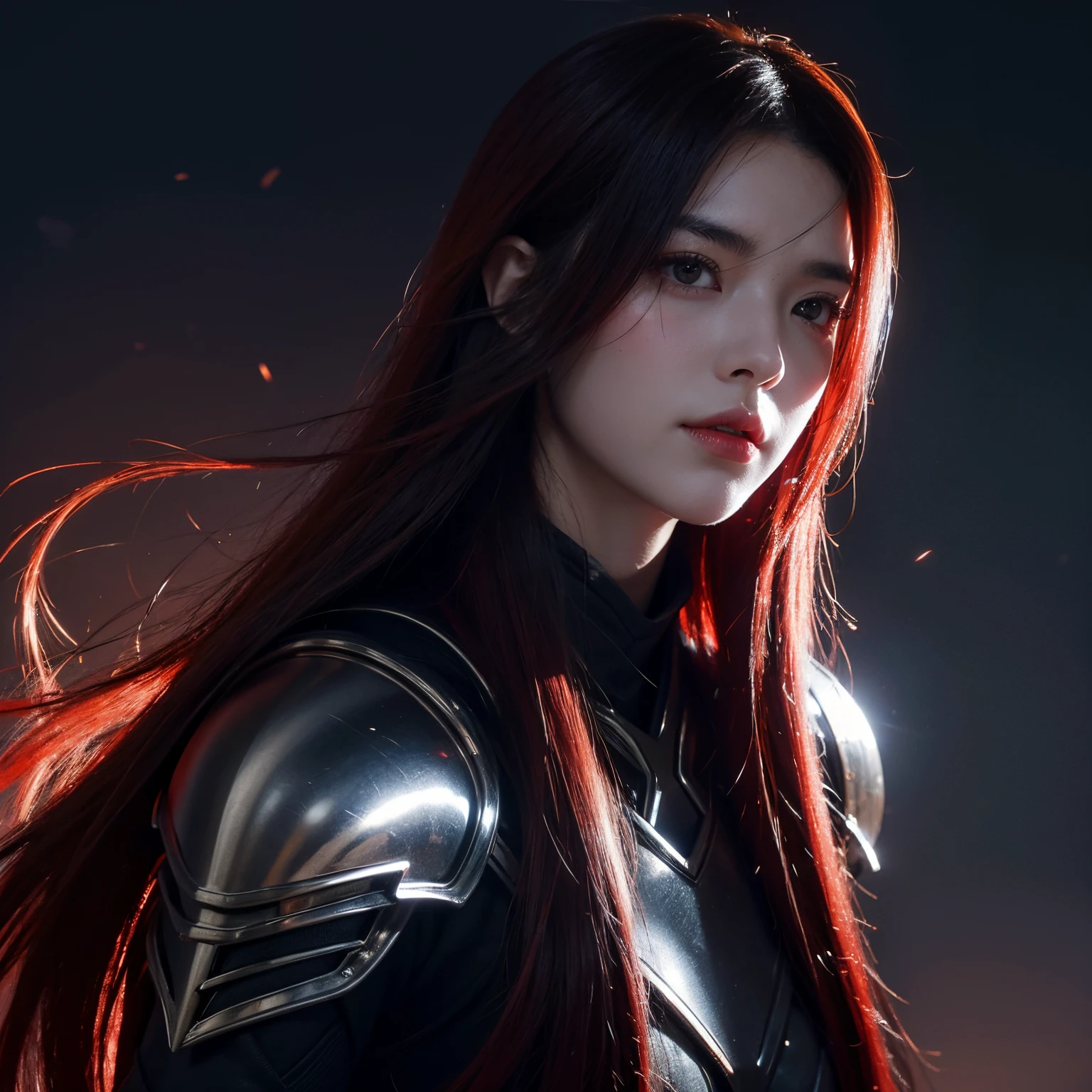 （best qualtiy,highly  detailed,tmasterpiece,the ultra-detailed,8K）girl,Long loose hair,black-red hair,Bloodshot eyes,Devil's Eye,The eyes glow red,wounds,Dense cracks on the skin,Skin cracks,Keep your mouth shut,Cold and serious,Black combat clothing,Metallic joint armor,废墟,smog,火焰,dark sky background