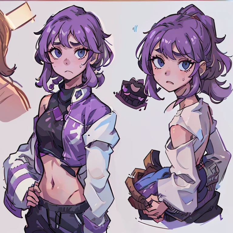 beautiful, masterpiece, best quality, perfect lighting, reference sheet, model sheet, concept art, bright colors, (multiple views, [from behind|from side|from front|close-up|upper body|portrait]:1.2), (20 year old girl:1.2), detailed hands and fingers, messy hair colored bright purple, hair length stops at shoulders, cocky grin with a raised eyebrow, light blue eyes, hand resting on hip, toned body with small bust size, (jet black baggy sweatpants, open midriff jacket with bright a purple torso and baggy white colored sleeves)